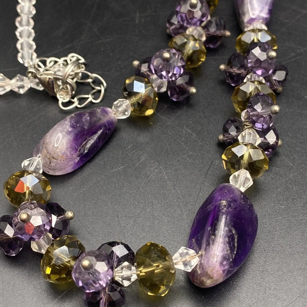 Amethyst Purple Stone and Faceted Glass Bead Adjustable Necklace Eclectic Style